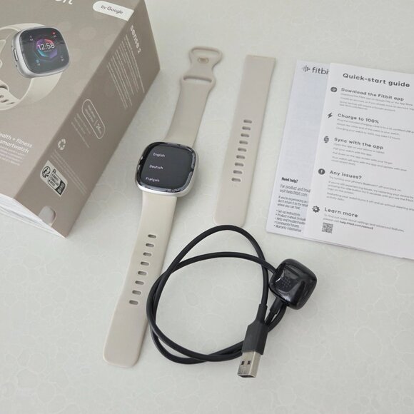 Fitbit Sense 2 Health Fitness Smartwatch Lunar White Platinum Watch Charger Box - Picture 3 of 16